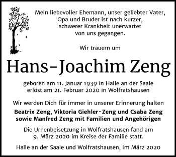 Traueranzeige von Hans-Joachim Zeng von Mitteldeutsche Zeitung Halle/Saalkreis