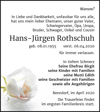 Traueranzeige von Hans-Jürgen Rothschuh von Mitteldeutsche Zeitung Mansfelder Land