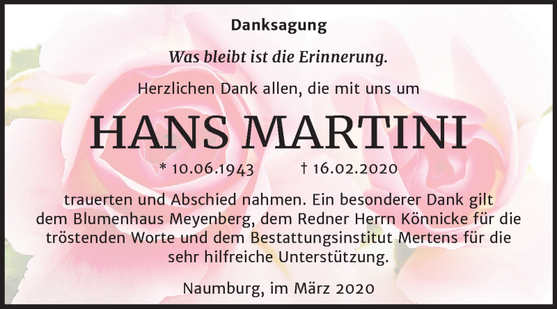  Traueranzeige für Hans Martin vom 04.04.2020 aus Super Sonntag Naumburg/Nebra
