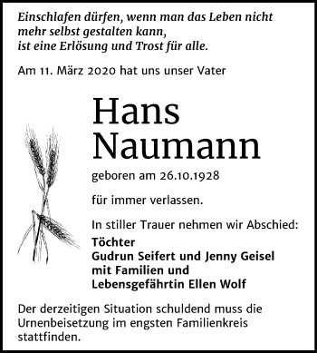 Traueranzeige von Hans Naumann von Mitteldeutsche Zeitung Halle/Saalkreis