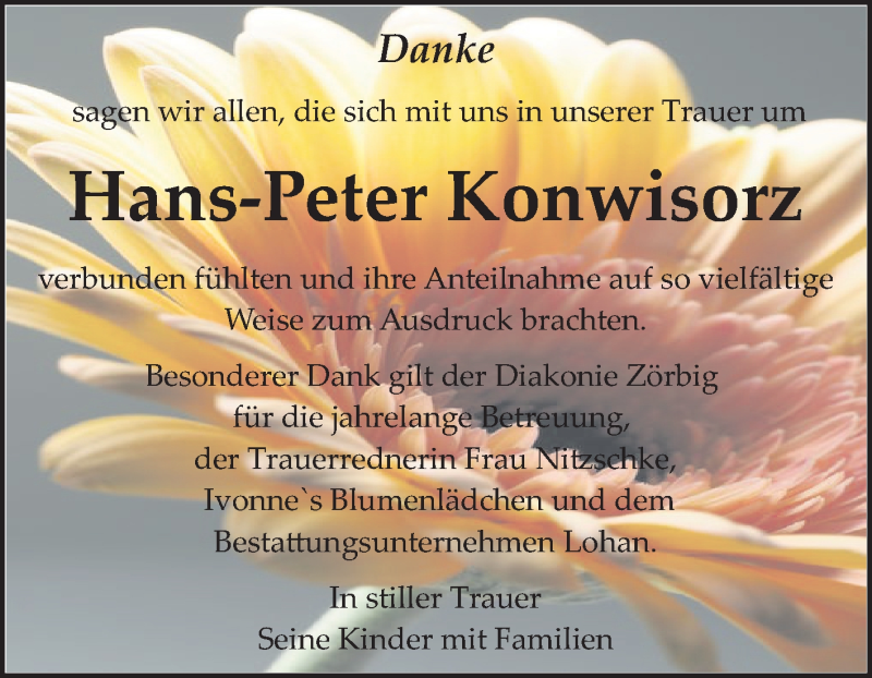 Traueranzeige für Hans-Peter Konwisorz vom 11.04.2020 aus Mitteldeutsche Zeitung Bitterfeld