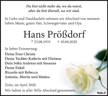 Traueranzeige von Hans Prößdorf von Super Sonntag Zeitz