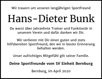 Traueranzeige von Hans Dieter Bunk von Mitteldeutsche Zeitung 