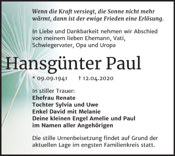 Traueranzeige von Hansgünter Paul von Mitteldeutsche Zeitung Merseburg/Querfurt