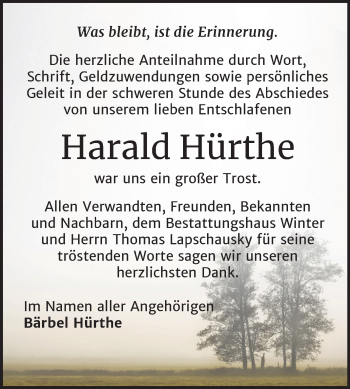 Traueranzeige von Harald Hürthe von Mitteldeutsche Zeitung Bitterfeld