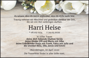 Traueranzeige von Harri Heise von Mitteldeutsche Zeitung Sangerhausen