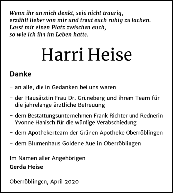 Traueranzeige von Harri Heise von Super Sonntag Sangerhausen