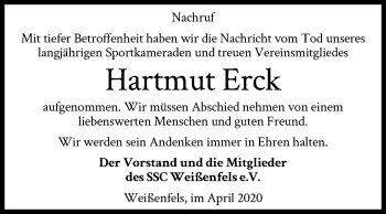 Traueranzeige von Hartmut Erck von Mitteldeutsche Zeitung Weißenfels