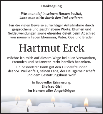 Traueranzeige von Hartmut Erck von Mitteldeutsche Zeitung Weißenfels