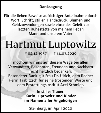 Traueranzeige von Hartmut Luptowitz von Super Sonntag Naumburg/Nebra