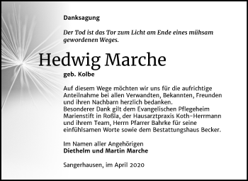 Traueranzeige von Hedwig Marche von Mitteldeutsche Zeitung Sangerhausen