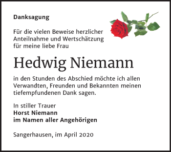 Traueranzeige von Hedwig Niemann von Mitteldeutsche Zeitung Sangerhausen