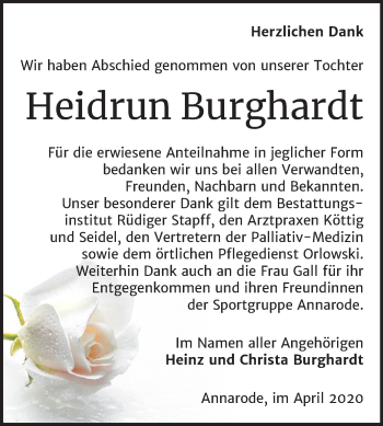Traueranzeige von Heidrun Burghardt von Mitteldeutsche Zeitung Mansfelder Land