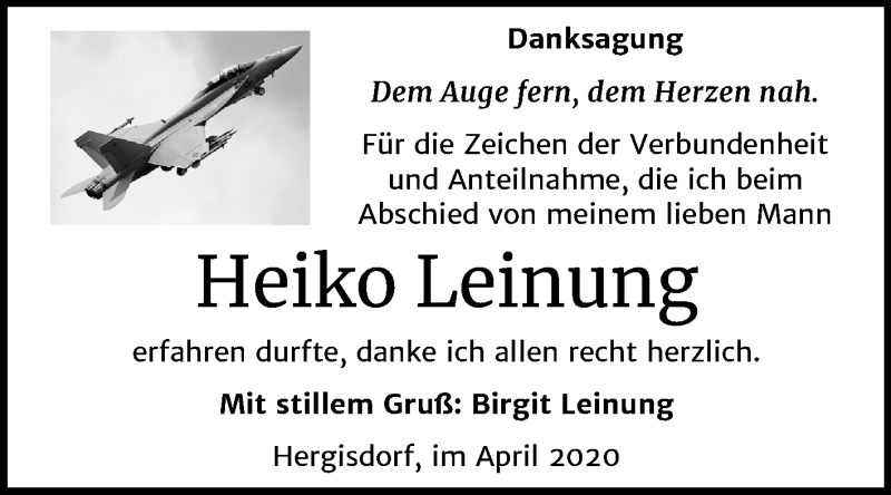  Traueranzeige für Heiko Leinung vom 04.04.2020 aus Mitteldeutsche Zeitung Mansfelder Land