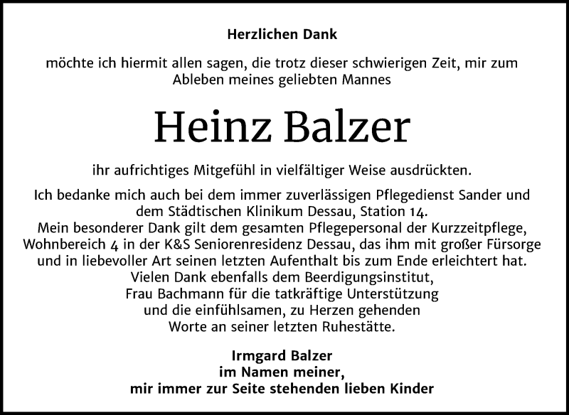  Traueranzeige für Heinz Balzer vom 04.04.2020 aus Super Sonntag Dessau-Roßlau