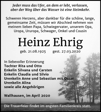 Traueranzeige von Heinz Ehrig von Mitteldeutsche Zeitung Sangerhausen