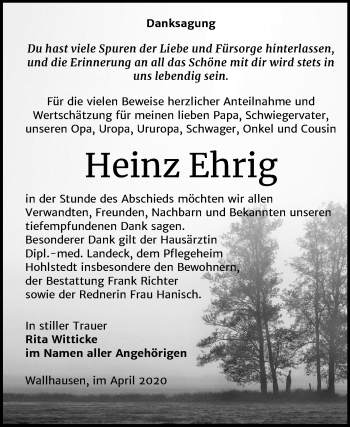 Traueranzeige von Heinz Ehrig von Super Sonntag Sangerhausen