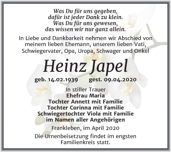 Traueranzeige von Heinz Japel von Mitteldeutsche Zeitung Merseburg/Querfurt