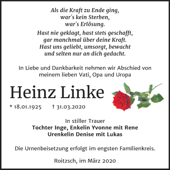 Traueranzeige von Heinz Linke von Mitteldeutsche Zeitung Bitterfeld