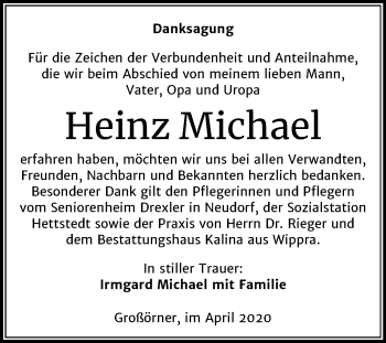 Traueranzeige von Heinz Michael von Super Sonntag Mansfelder Land