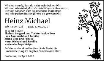 Traueranzeige von Heinz Michael von Mitteldeutsche Zeitung Mansfelder Land