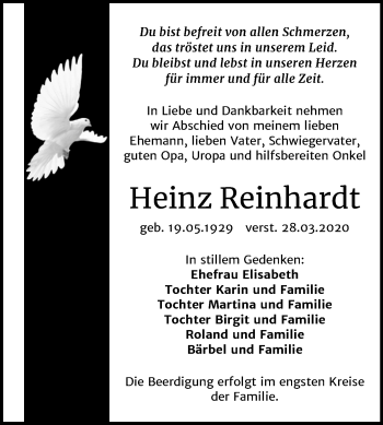 Traueranzeige von Heinz Reinhardt von Mitteldeutsche Zeitung Bernburg