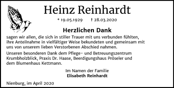 Traueranzeige von Heinz Reinhardt von Mitteldeutsche Zeitung Bernburg