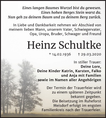Traueranzeige von Heinz Schultke von Super Sonntag Quedlinburg