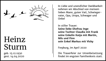Traueranzeige von Heinz Sturm von Mitteldeutsche Zeitung Naumburg/Nebra