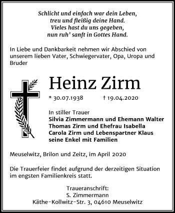 Traueranzeige von Heinz Zirm von Mitteldeutsche Zeitung Zeitz