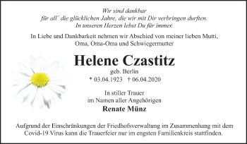 Traueranzeige von Helene Czastitz von Mitteldeutsche Zeitung Merseburg/Querfurt