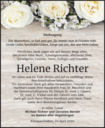 Traueranzeige von Helene Richter von Mitteldeutsche Zeitung Köthen