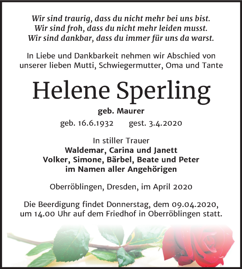  Traueranzeige für Helene Sperling vom 07.04.2020 aus Mitteldeutsche Zeitung Sangerhausen