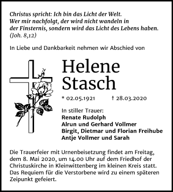 Traueranzeige von Helene Stasch von Mitteldeutsche Zeitung Wittenberg