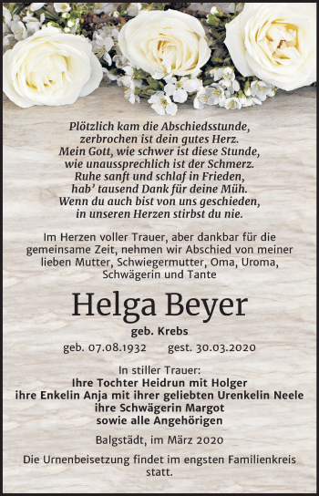 Traueranzeige von Helga Beyer von Mitteldeutsche Zeitung Naumburg/Nebra