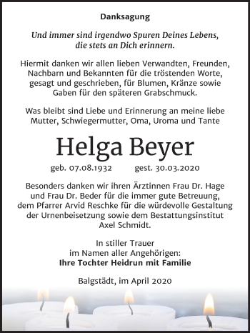 Traueranzeige von Helga Beyer von Mitteldeutsche Zeitung Naumburg/Nebra