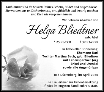 Traueranzeige von Helga Bliedtner von Mitteldeutsche Zeitung Merseburg/Querfurt