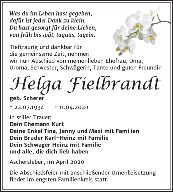 Traueranzeige von Helga Fielbrandt von Mitteldeutsche Zeitung Aschersleben