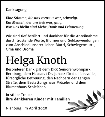 Traueranzeige von Helga Knoth von Super Sonntag Bernburg