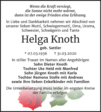 Traueranzeige von Helga Knoth von Super Sonntag Bernburg