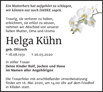 Traueranzeige von Helga Kühn von Mitteldeutsche Zeitung Wittenberg