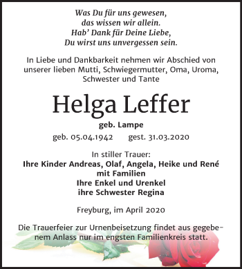 Traueranzeige von Helga Leffer von Super Sonntag Naumburg/Nebra