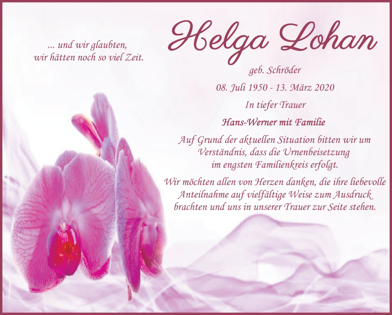  Traueranzeige für Helga Lohan vom 18.04.2020 aus Mitteldeutsche Zeitung Bitterfeld