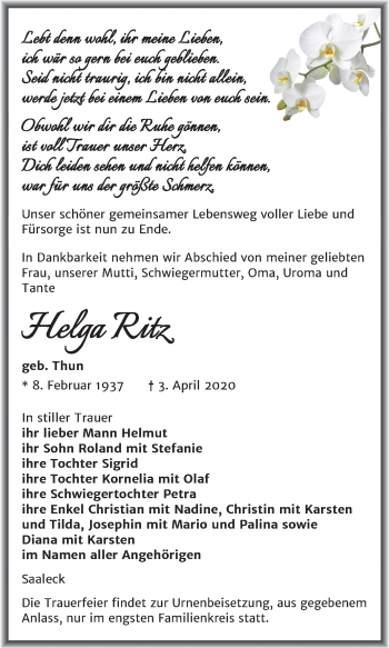 Traueranzeige von Helga Ritz von Super Sonntag Naumburg/Nebra