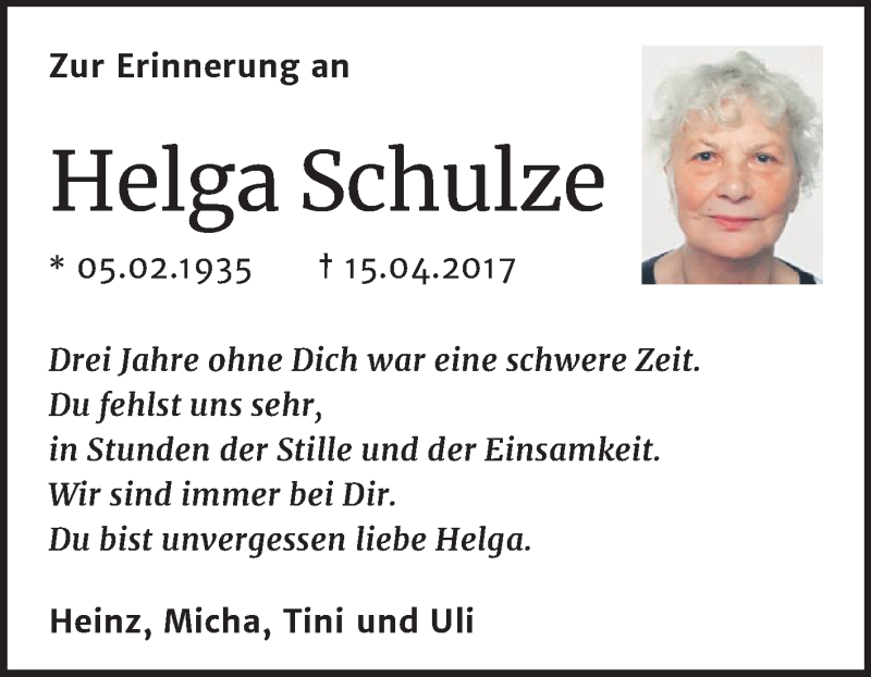  Traueranzeige für Helga Schulze vom 18.04.2020 aus Super Sonntag Dessau-Roßlau