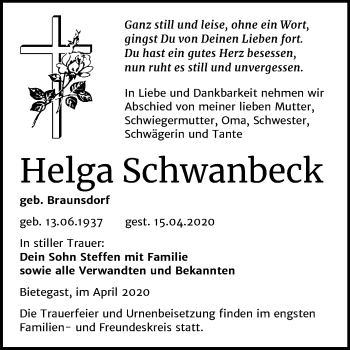 Traueranzeige von Helga Schwanbeck von Super Sonntag Wittenberg