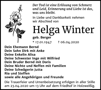 Traueranzeige von Helga Winter von Mitteldeutsche Zeitung Bitterfeld