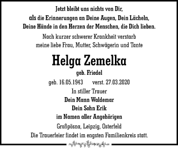 Traueranzeige von Helga Zemelka von Mitteldeutsche Zeitung Zeitz