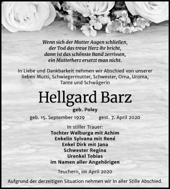 Traueranzeige von Hellgard Barz von Mitteldeutsche Zeitung Weißenfels