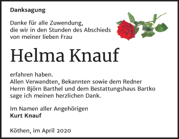 Traueranzeige von Helma Knauf von Super Sonntag Köthen